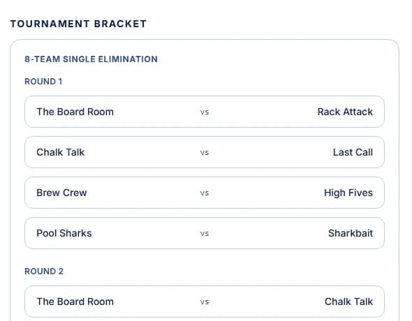 A real LeaguePour single-elimination bracket for a demo 8-team darts competition, generated by the same bracket logic every competition uses.
